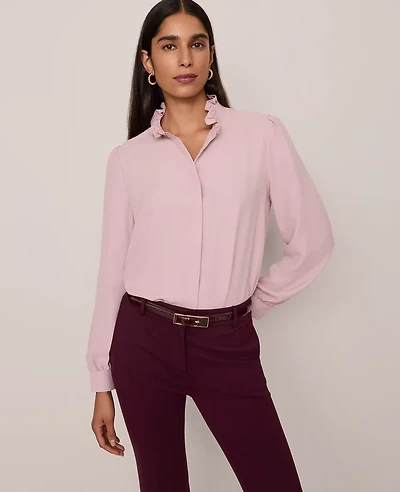 Ann Taylor Petite Ruffle Neck Satin Blouse Women's