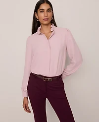Ann Taylor Petite Ruffle Neck Satin Blouse Women's