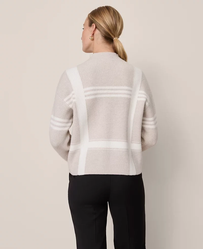 Ann Taylor Plaid Mock Neck Sweater Neutral Women's