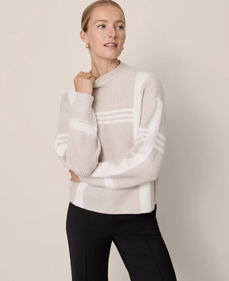 Ann Taylor Plaid Mock Neck Sweater Neutral Women's