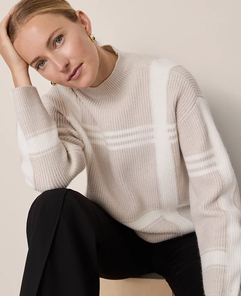 Ann Taylor Plaid Mock Neck Sweater Neutral Women's