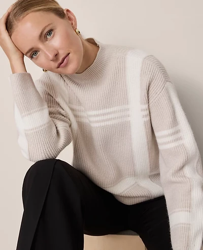 Ann Taylor Plaid Mock Neck Sweater Neutral Women's
