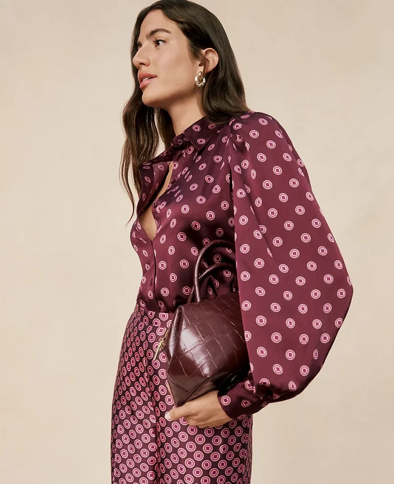 Ann Taylor Petite Geo Blouson Sleeve Shirt Poised Plum Women's