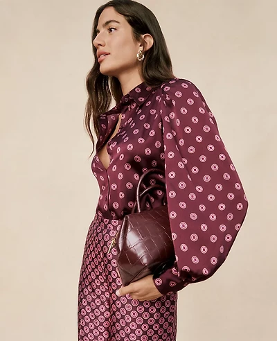 Ann Taylor Petite Geo Blouson Sleeve Shirt Poised Plum Women's