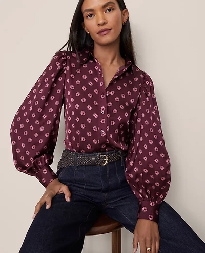 Ann Taylor Petite Geo Blouson Sleeve Shirt Poised Plum Women's
