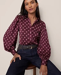 Ann Taylor Petite Geo Blouson Sleeve Shirt Poised Plum Women's