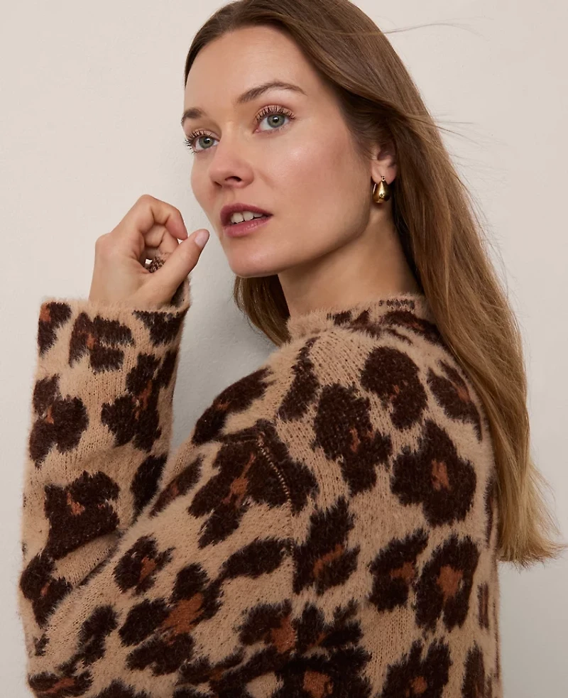 Ann Taylor Animal Print Mock Neck Sweater Cafe Au Lait Women's