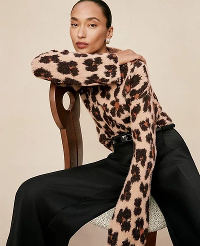 Ann Taylor Animal Print Mock Neck Sweater Cafe Au Lait Women's