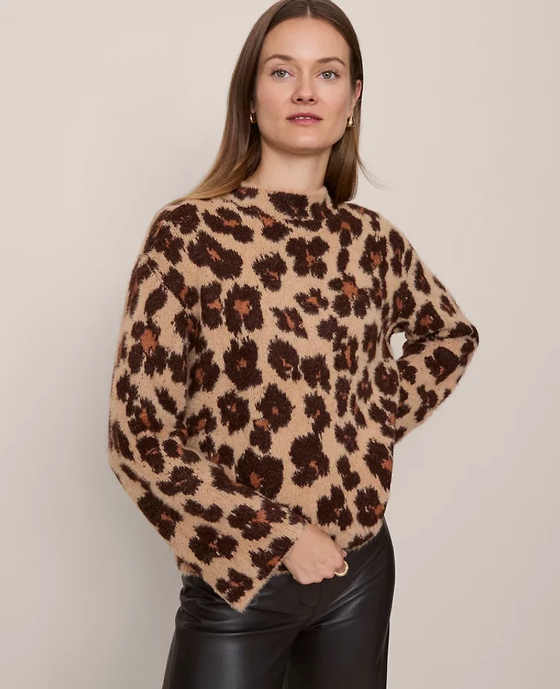 Ann Taylor Animal Print Mock Neck Sweater Cafe Au Lait Women's