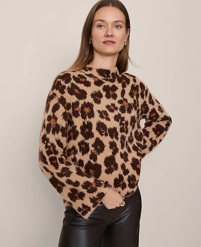 Ann Taylor Animal Print Mock Neck Sweater Cafe Au Lait Women's