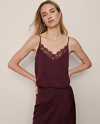 Ann Taylor Petite Lace Trim V-Neck Tank Top Size Small Poised Plum Women's