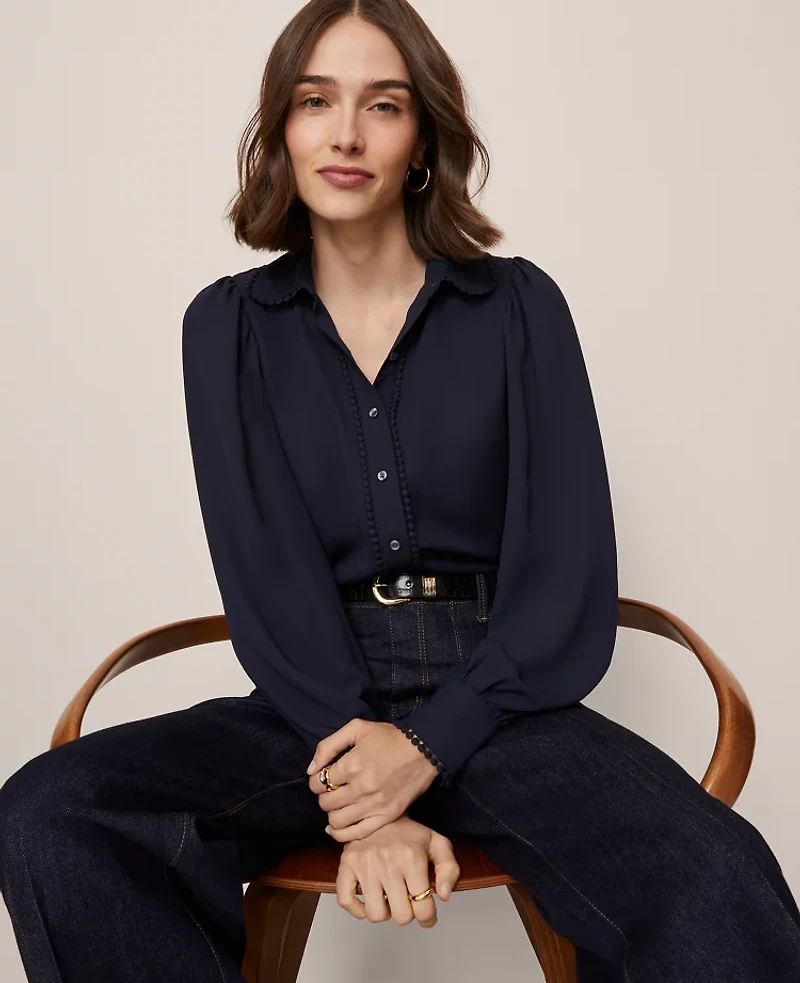 Ann Taylor Petite Bobble Trim Collared Shirt Night Sky Women's