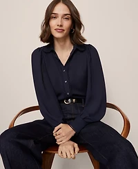 Ann Taylor Petite Bobble Trim Collared Shirt Night Sky Women's