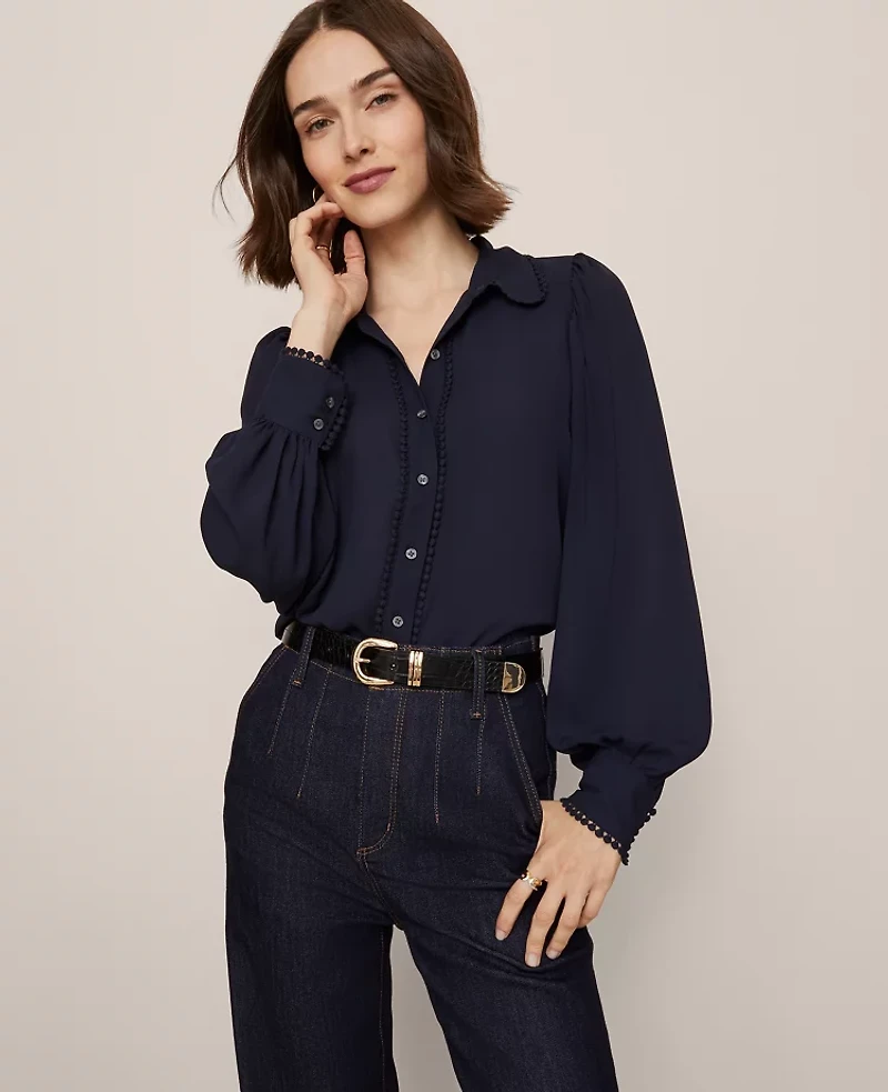 Ann Taylor Petite Bobble Trim Collared Shirt Night Sky Women's