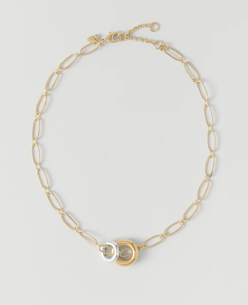 Ann Taylor Mixed Metal Double Ring Necklace Goldtone Women's
