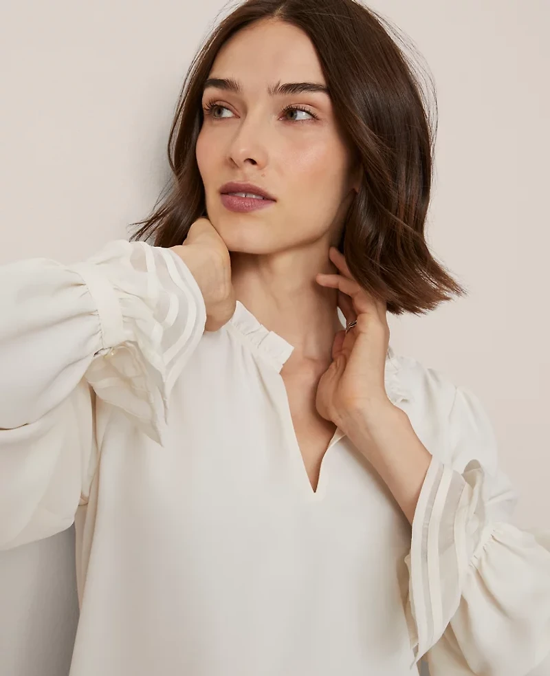 Ann Taylor Petite Ruffle Neck Blouse Winter White Women's