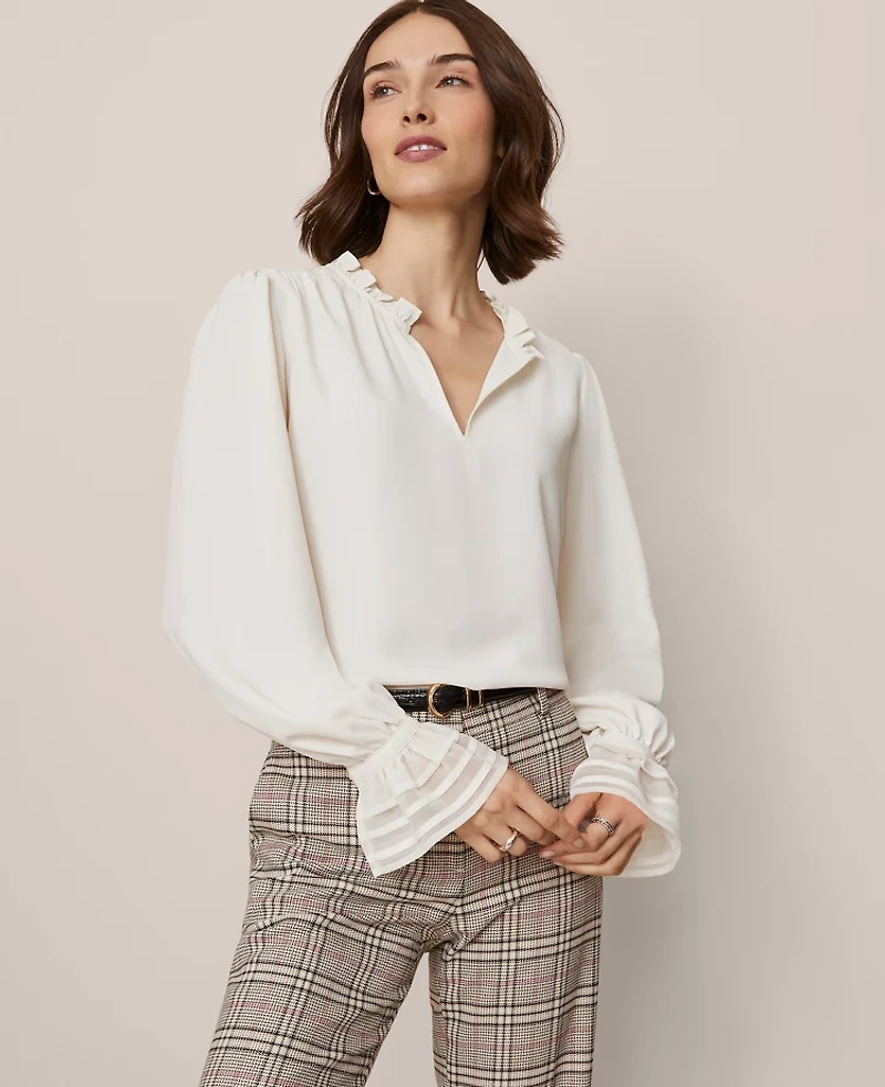 Ann Taylor Petite Ruffle Neck Blouse Winter White Women's