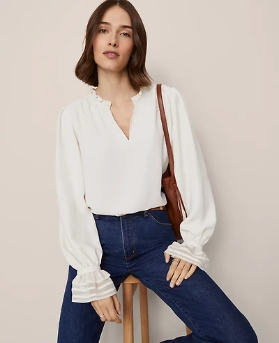 Ann Taylor Petite Ruffle Neck Blouse Winter White Women's