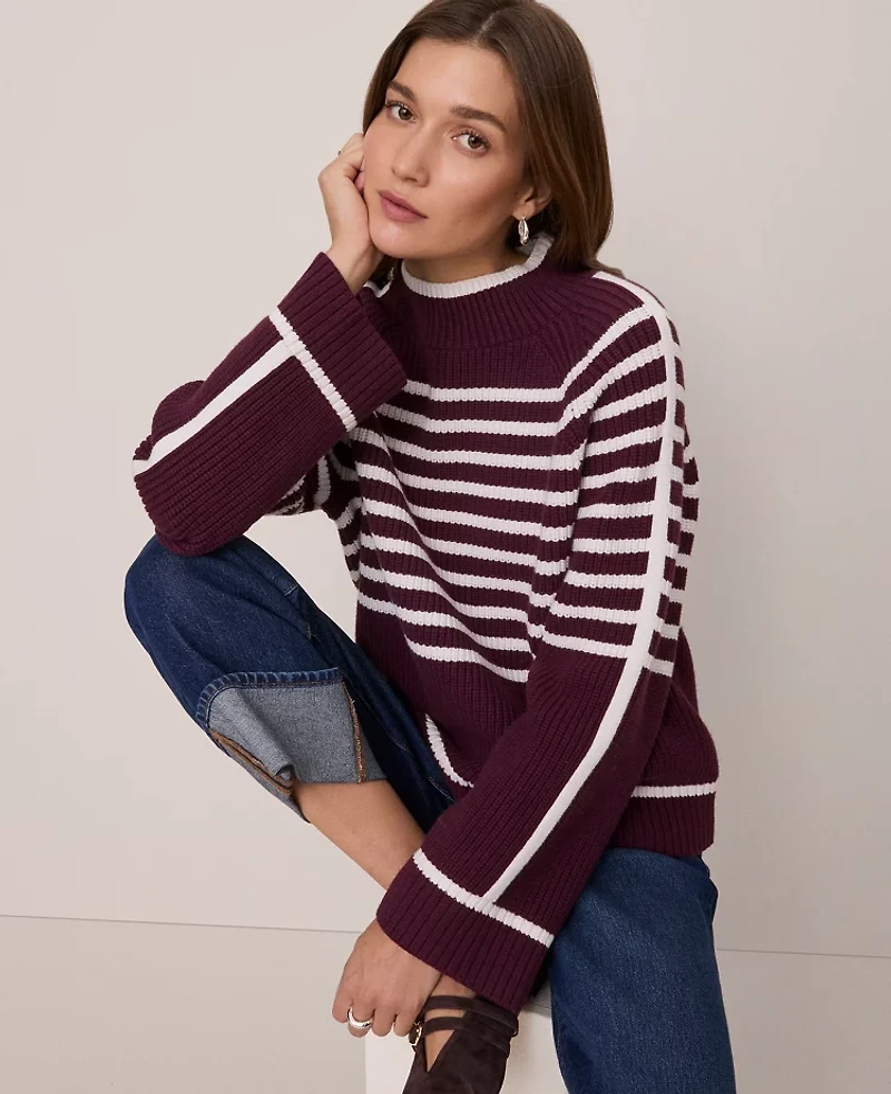 Ann Taylor Petite Weekend Collection Striped Mock Neck Sweater Poised Plum Women's