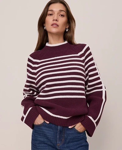 Ann Taylor Petite Weekend Collection Striped Mock Neck Sweater Poised Plum Women's