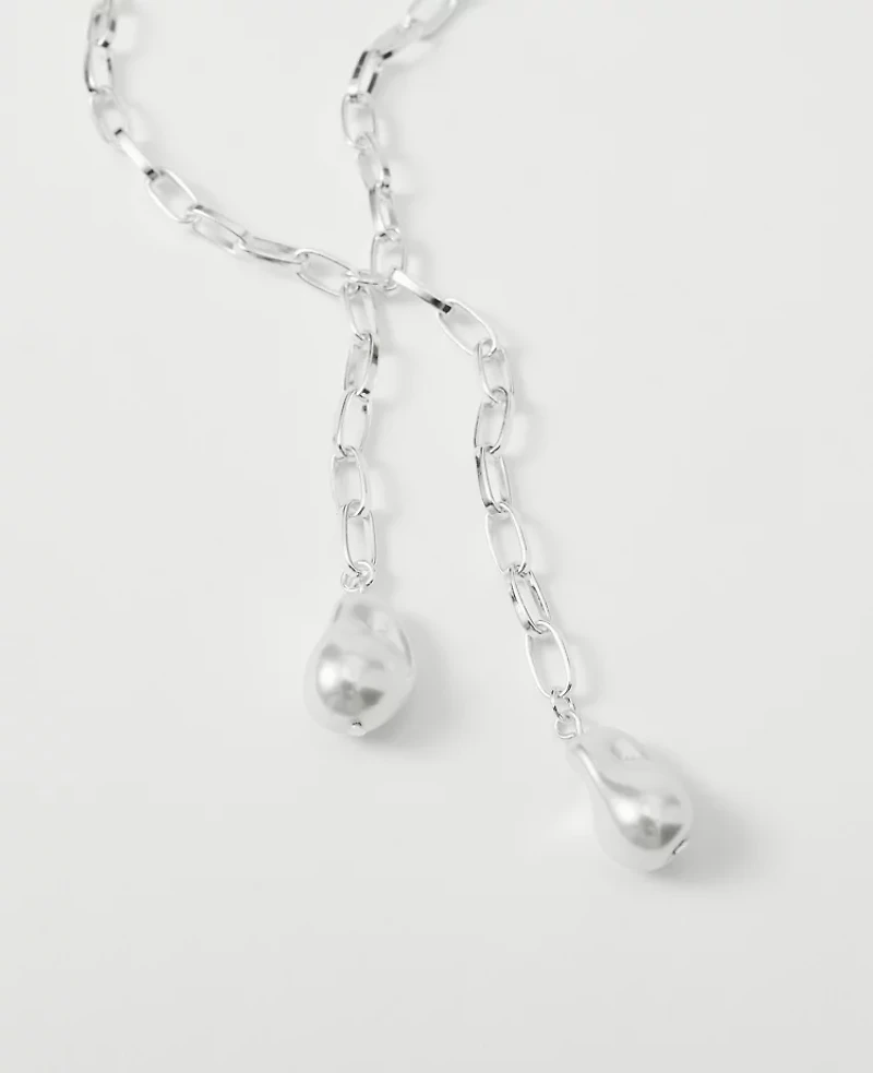 Ann Taylor Double Pearl Lariat Necklace Silvertone Women's