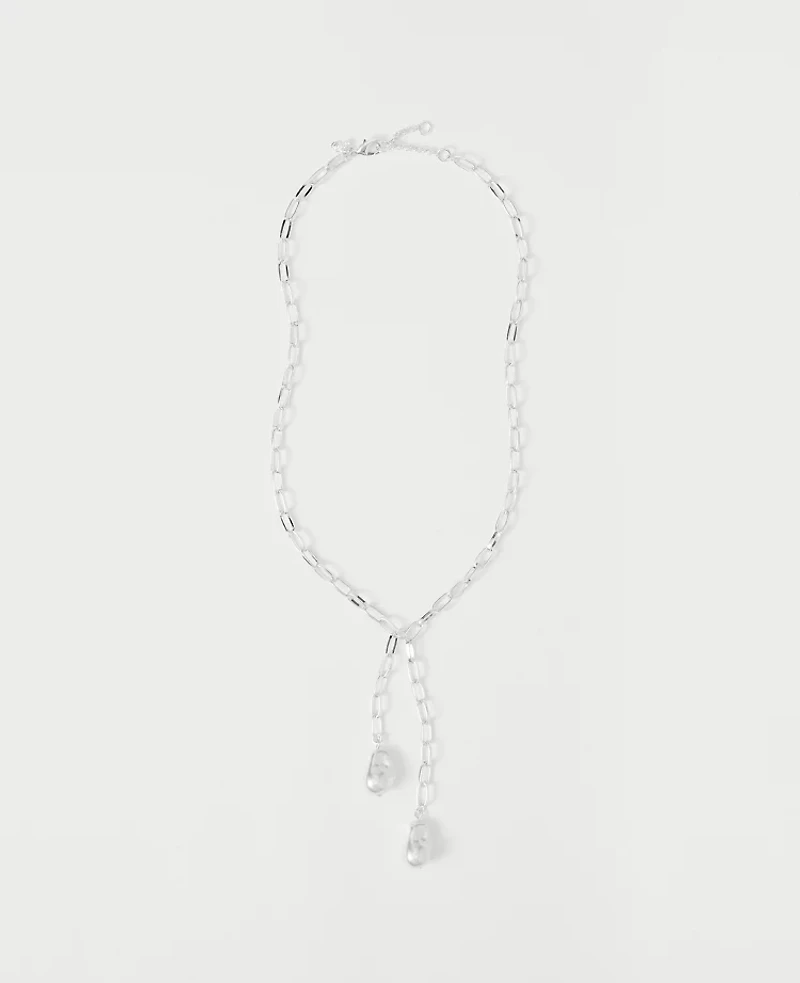 Ann Taylor Double Pearl Lariat Necklace Silvertone Women's