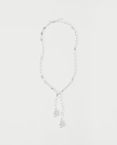 Ann Taylor Double Pearl Lariat Necklace Silvertone Women's