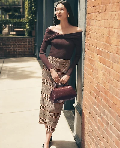 Ann Taylor The Petite Trouser Column Midi Skirt Plaid Pure Chocolate Women's