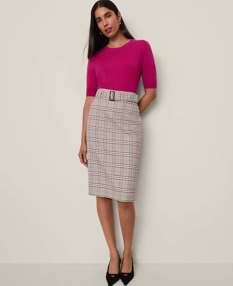 Ann Taylor Petite Plaid Belted Midi Pencil Skirt Pale Sandalwood Women's