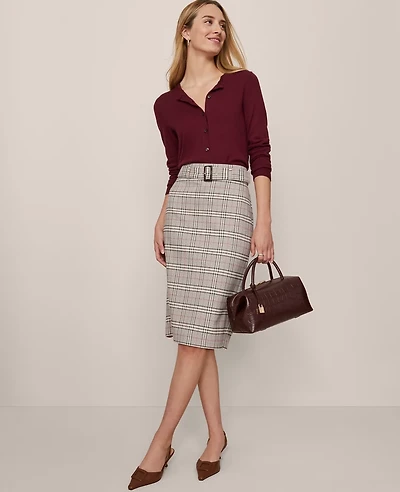 Ann Taylor Petite Plaid Belted Midi Pencil Skirt Pale Sandalwood Women's