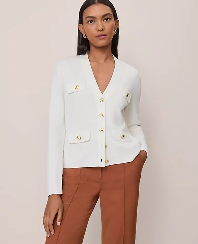 Ann Taylor Petite V-Neck Sweater Jacket Size XS Winter White Women's