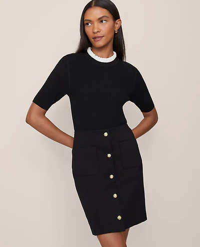 Ann Taylor Petite Ruffle Neck Ribbed Sweater Black Women's