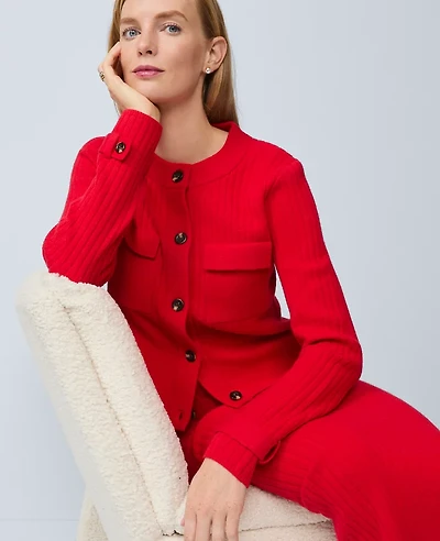 Ann Taylor Petite Ribbed Sweater Jacket Iconic Red Women's