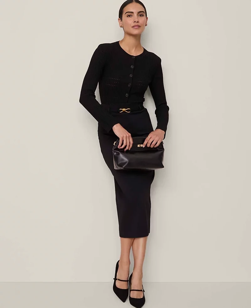 Ann Taylor Petite Ribbed Crew Neck Cardigan Black Women's