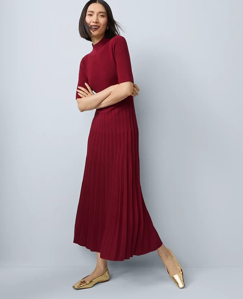 Ann Taylor Mock Neck Pleated Sweater Dress Cherry Pie Women's