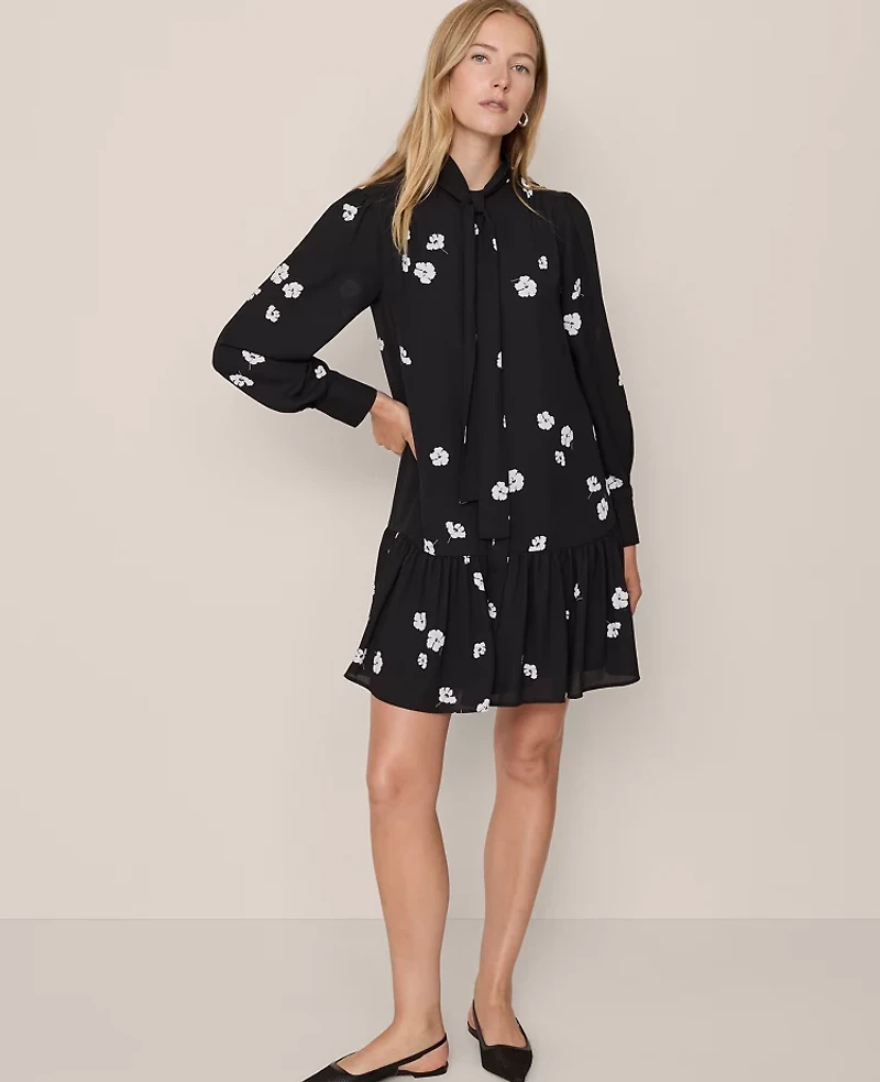 Ann Taylor Petite Floral Tie Neck Trapeze Dress Black Women's