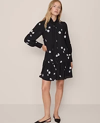 Ann Taylor Petite Floral Tie Neck Trapeze Dress Black Women's