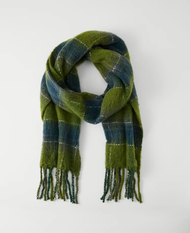 Ann Taylor Brushed Plaid Fringe Scarf Muted Moss Women's
