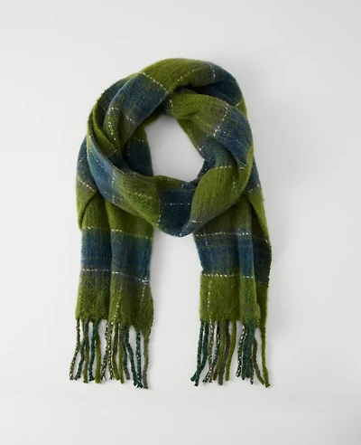 Ann Taylor Brushed Plaid Fringe Scarf Muted Moss Women's