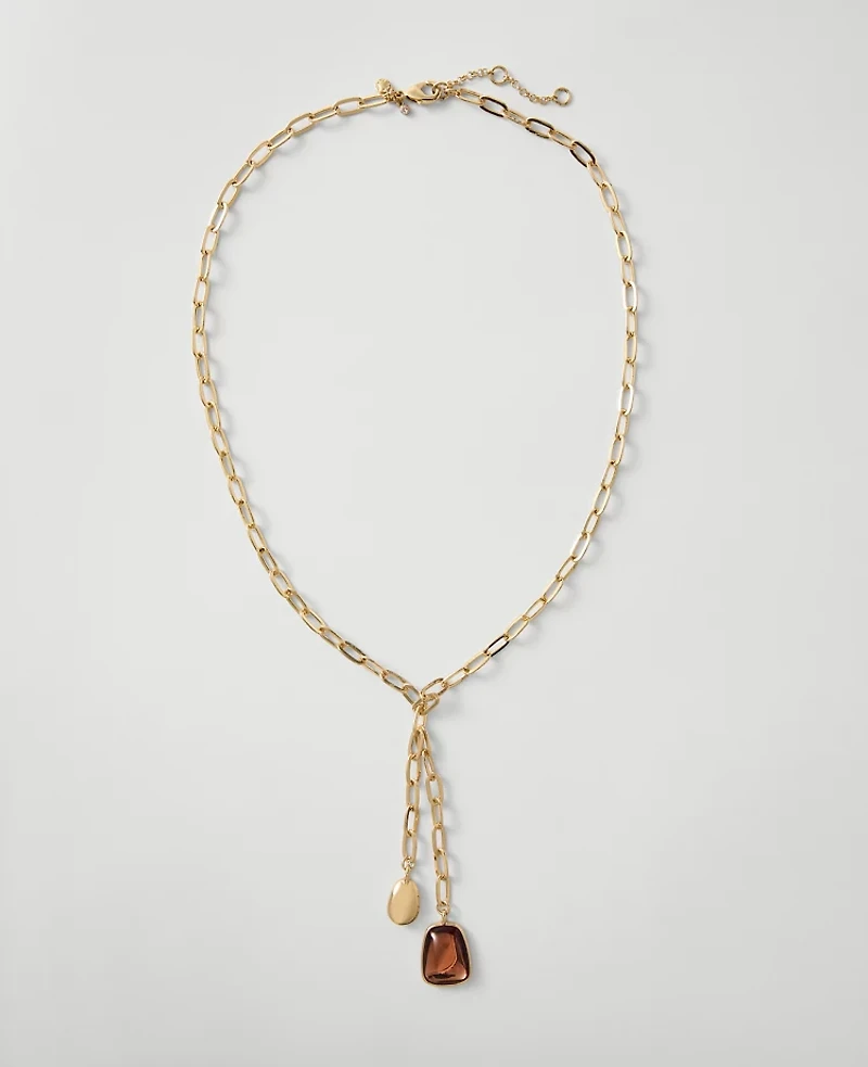 Ann Taylor Metal Gem Lariat Necklace Goldtone Women's