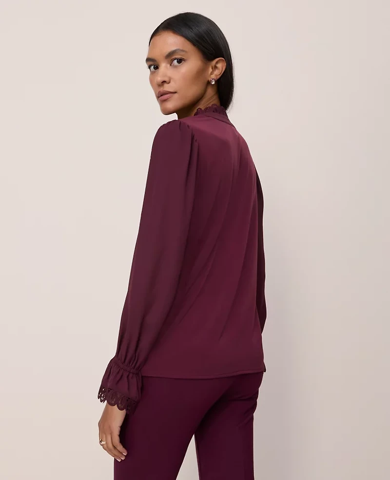 Ann Taylor Petite Lace Ruffle Trim Blouse Size Small Poised Plum Women's
