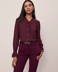 Ann Taylor Petite Lace Ruffle Trim Blouse Size Small Poised Plum Women's