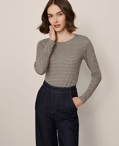 Ann Taylor Petite Houndstooth Crew Neck Top Cafe Au Lait Women's