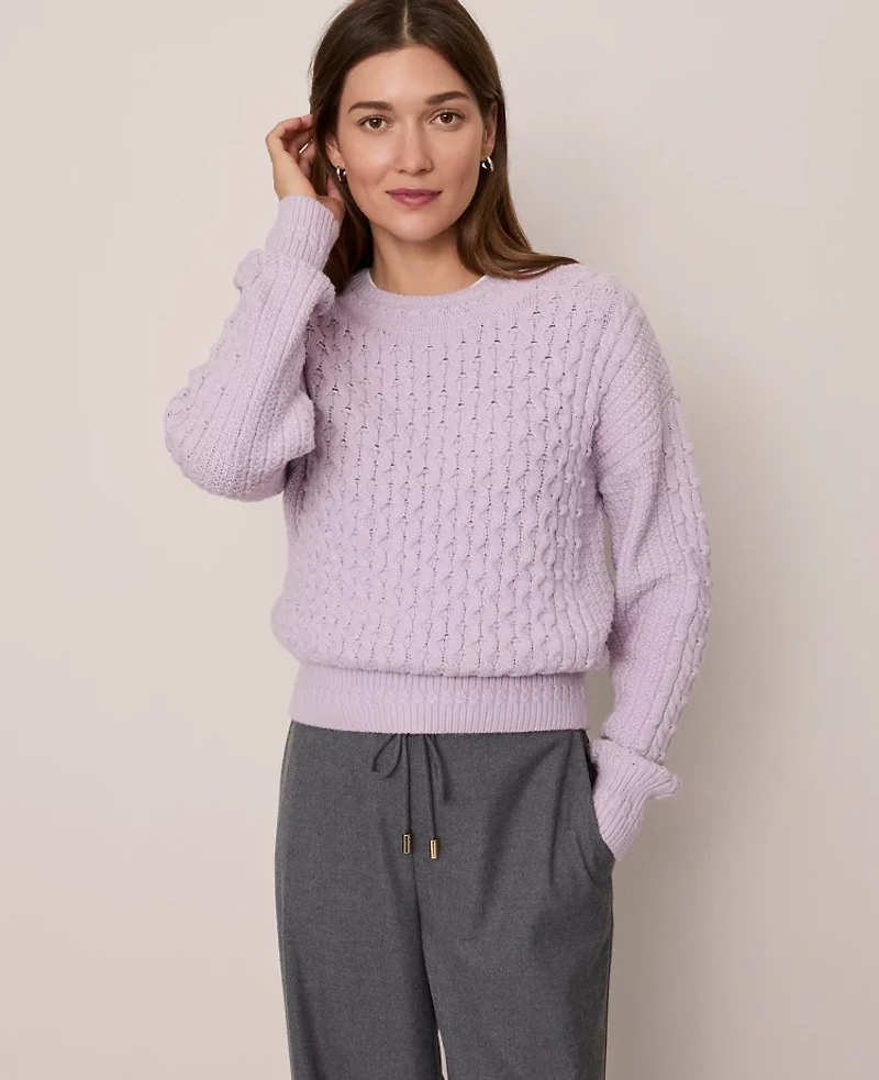 Ann Taylor Petite Weekend Collection Popcorn-Stitch Cable Sweater Lavender Frost Women's