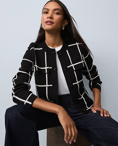 Ann Taylor Petite Windowpane Utility Sweater Jacket Black Women's