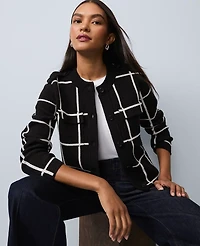 Ann Taylor Petite Windowpane Utility Sweater Jacket Black Women's