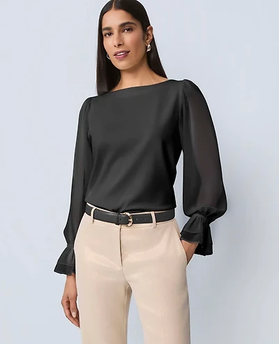 Ann Taylor Petite Mixed Media Pleated Sleeve Top Women's