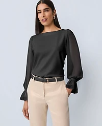 Ann Taylor Petite Mixed Media Pleated Sleeve Top Women's