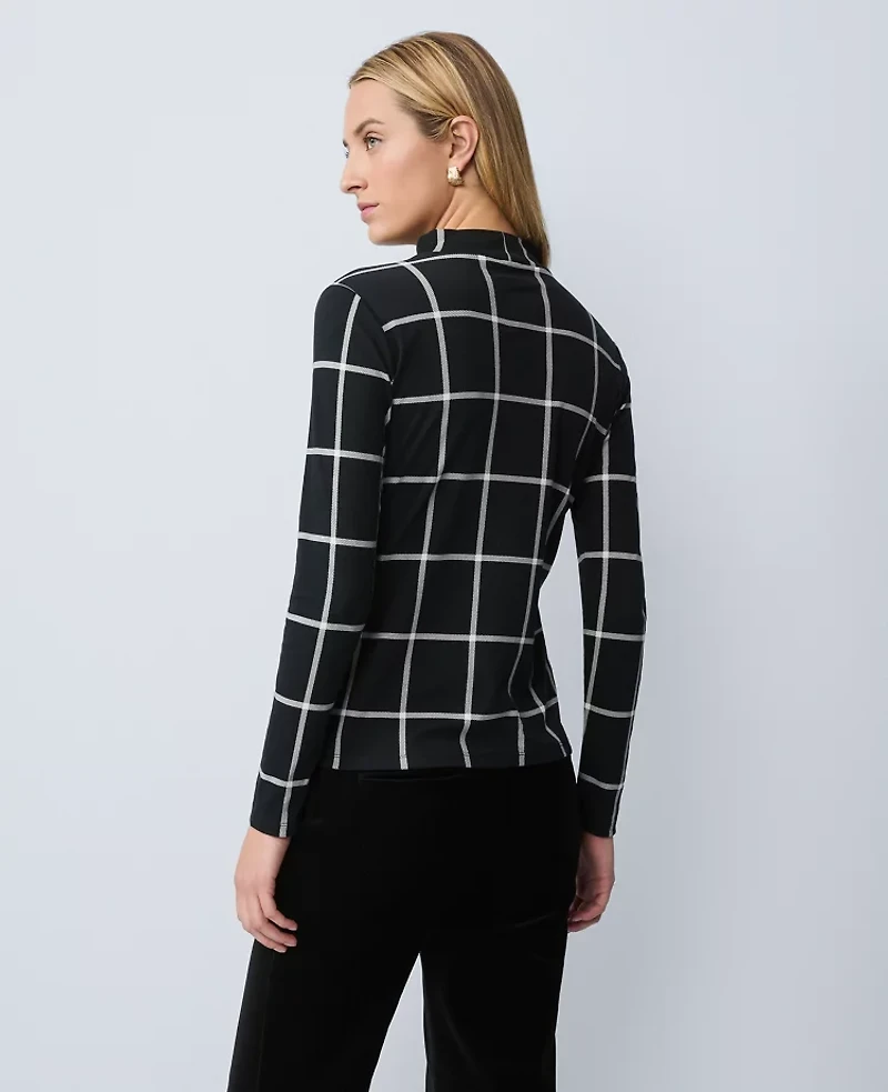 Ann Taylor Windowpane Mock Neck Top Black Women's
