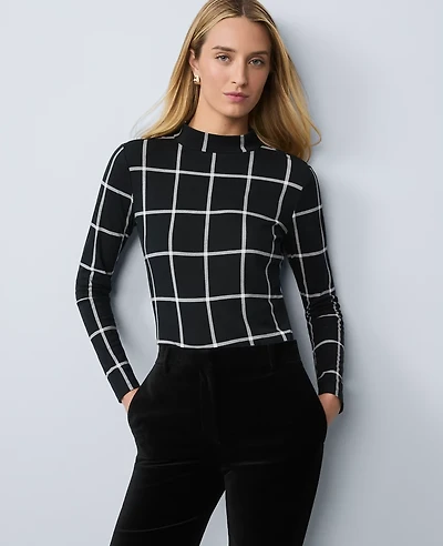 Ann Taylor Windowpane Mock Neck Top Black Women's